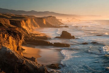 Obraz premium wide sweeping coastal cliffs glowing at sunrise, golden light hitting the ocean waves, airy bright atmosphere.