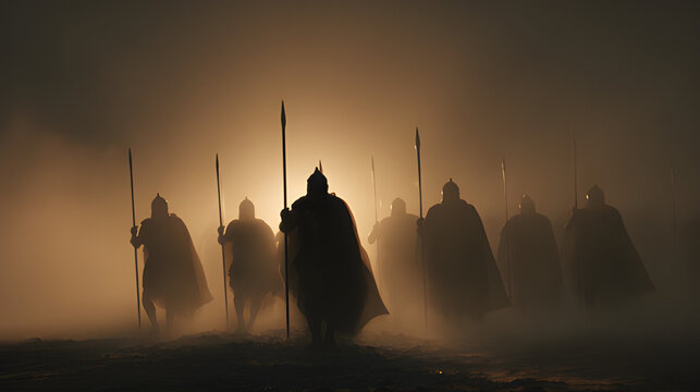 Silhouette of Medieval cavalry, army or soldier clash of clan marching through a hazy, dusty battlefield with dramatic sunrise, sunset background 