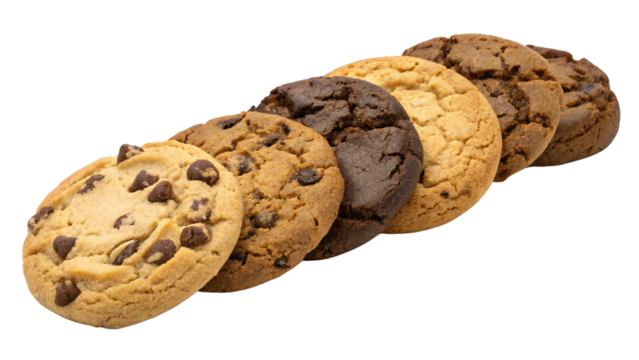 Assorted chocolate chip cookies variety isolated on white background