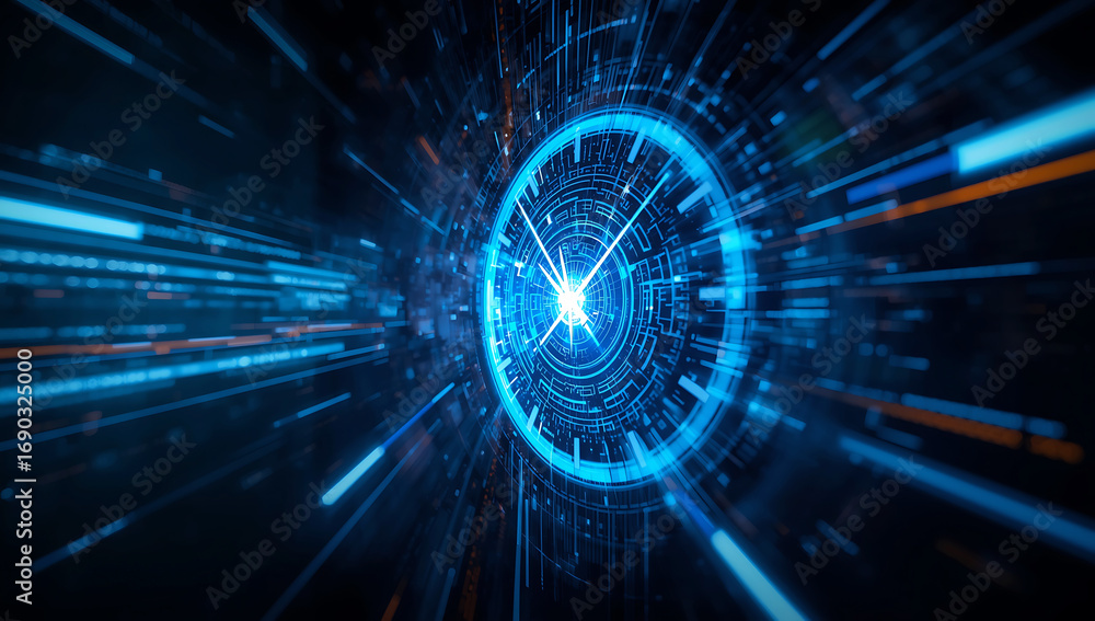 Poster abstract digital tunnel of light and data streams representing technology and speed