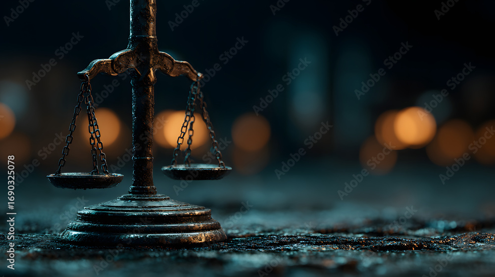 Poster futuristic justice background judge's gavel and scals standing on virtual tabl in digital cyberspace