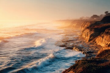 Fototapeta premium wide sweeping coastal cliffs glowing at sunrise, golden light hitting the ocean waves, airy bright atmosphere.