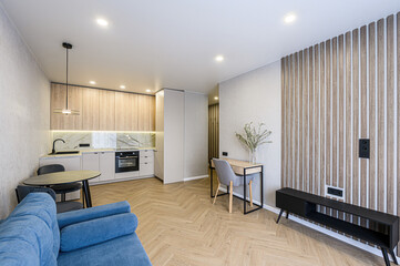 modern, compact apartment featuring a blue sofa, light wood floors, a stylish kitchen, and a cozy workspace