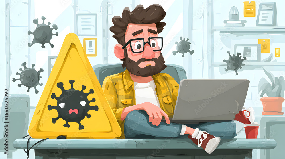 Poster cyber security alert it programmer using laptop withcaution warning sign virusdetection concept
