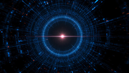 Obraz premium Abstract futuristic digital tunnel with glowing blue circular portal and bright light at the end