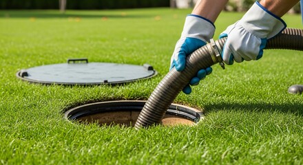 Man removing a drainage hose from an open septic tank cover in a green lawn. Home sewage system maintenance concept for residential properties.
