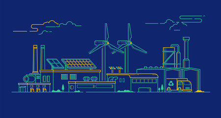 concept of green factory, lined graphic of industry buildings  and ecological machinery