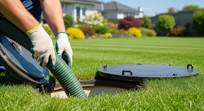 Man removing a drainage hose from an open septic tank cover in a green lawn. Home sewage system maintenance concept for residential properties.