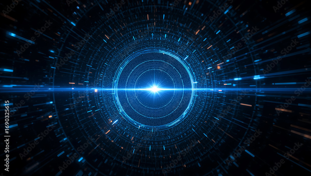 Poster abstract futuristic glowing blue portal or wormhole tunnel with light streaks and digital patterns i