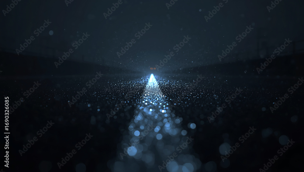 Poster abstract glowing blue light particles trail in dark space with bokeh effect and subtle bokeh backgro