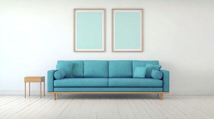 A serene interior scene features a teal sofa positioned against a neutral wall, complemented by two framed artworks and a small side table, evoking a sense of calm and modern living.