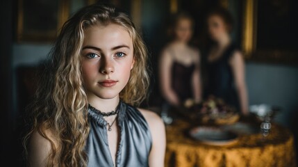 Fototapeta premium Elegant Young Woman in Silver Dress at Vintage Gathering with Friends in Background