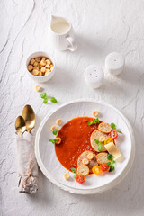 Elegant tomato soup as premium food made in restaurant.
