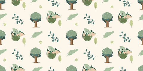 Cute dinosaurs pattern. Jungle dinosaurs animal seamless pattern. Safari dinosaurs and tropical plants. Perfect for fabrics, print, textile, wallpaper, decor.