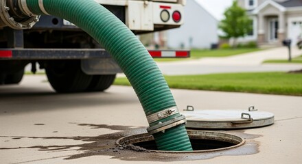 Suction hose extracting sewage from a septic tank. Septic pumping service and maintenance for home sanitation system.