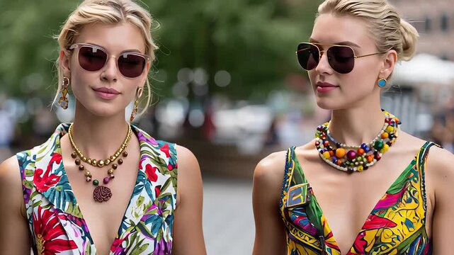 Two Stylish Women in Summer Fashion Walking Side by Side in a Vibrant Urban Setting