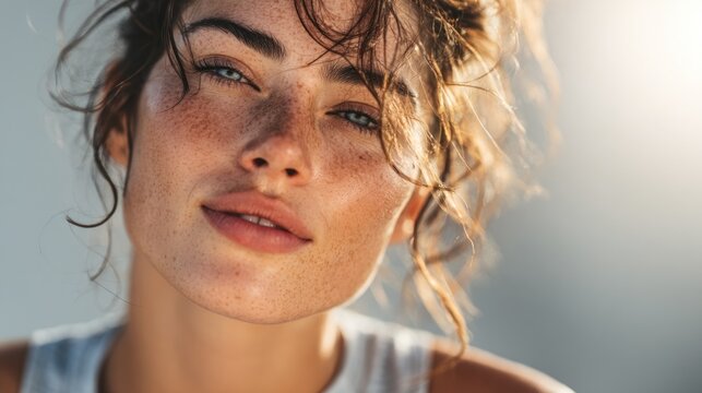 Alluring freckled woman radiating natural beauty in sunlit close-up