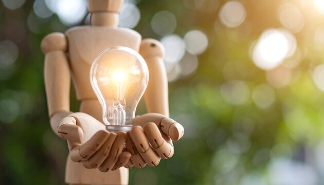 Wooden mannequin holds glowing light bulb - Powered by Adobe