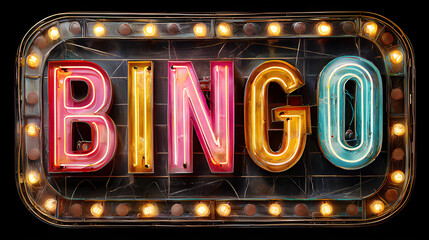 Neon Bingo LED light text effect sign, neon casino sign. Bingo night party event. Bingo night classic event fun. Neon bingo game night with iluminated bulbs 