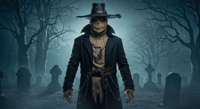 Creepy scarecrow in a dark graveyard with spooky trees and tombstones at night