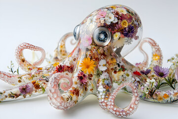 Glass octopus figurine adorned with colorful floral arrangement for unique decor