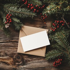 Obraz premium A composition with an upper angle on the New Year's decor: a light paper rectangle and a kraft envelope surrounded by fir branches with red berries.