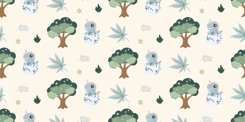 Cute dinosaurs pattern. Jungle dinosaurs animal seamless pattern. Safari dinosaurs and tropical plants. Perfect for fabrics, print, textile, wallpaper, decor.