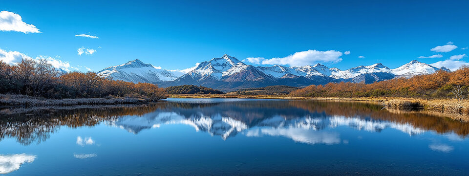A picturesque clear lake against the background of a green forest and snow-capped mountains under a blue sky - an atmospheric natural banner for tourism and travel advertising