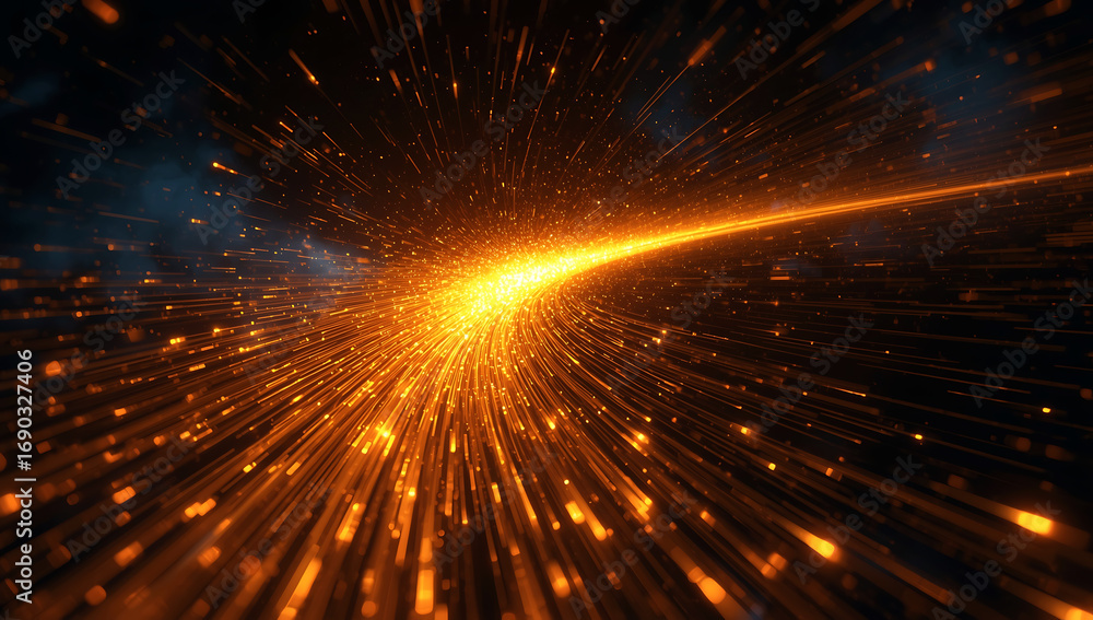Aufkleber fiery orange light trail with sparks exploding outwards in a dark abstract background creating a sen