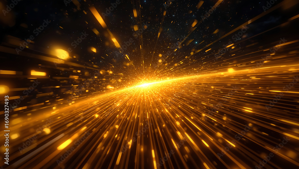Poster abstract golden light streaks and particles exploding outward from a bright central source
