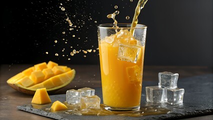 Refreshing Mango Juice Pouring into a Glass with Ice Cubes for Summer