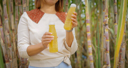 A woman stands in a vibrant sugarcane field, holding two bottles of fresh juice. The sunlight...