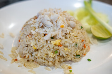 Fried rice with crab served on plate