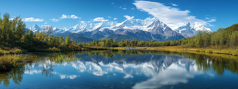 A beautiful clear lake against the background of a forest and snow-capped mountains against the background of a blue sky - an ideal banner for tourism or landscape - Powered by Adobe
