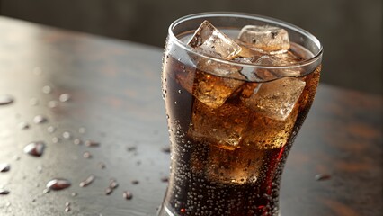 Refreshing Cola with Ice Cubes on a Wooden Table
