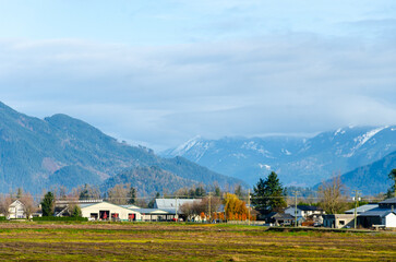 View of rural canada on Highway from Abbotsford to Hope,   BC, Canada with mountains, valleys and...