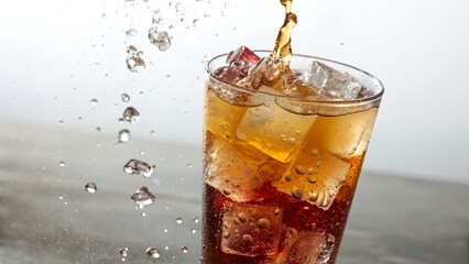 Refreshing Dark Beverage Cascades into Iced Glass, Creating Dynamic Splashes and a Cool Inviting Scene