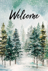 Snowy forest scene with evergreen trees and falling snowflakes creates serene winter atmosphere, enhanced by welcoming message