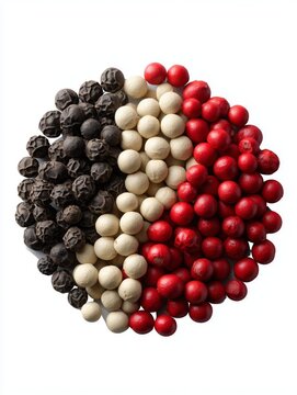 Vibrant fusion of black white and red peppercorns on white background food photography isolated display culinary art