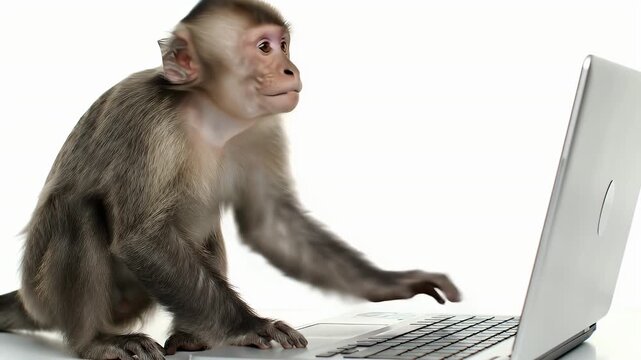Monkey Typing on Laptop Against White Background in Studio Lighting