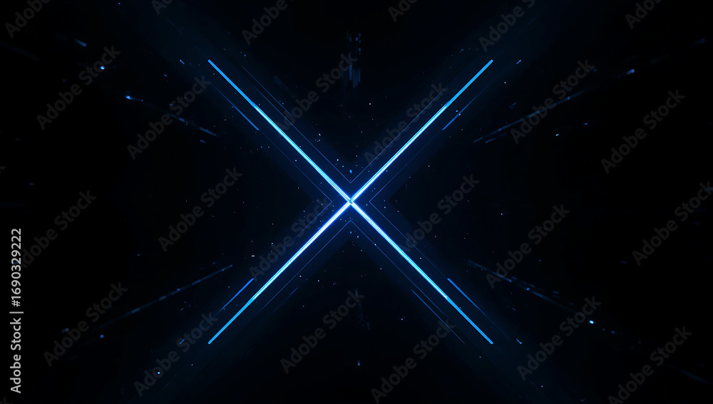 Poster abstract glowing blue neon x symbol illuminated in darkness with subtle particles floating around