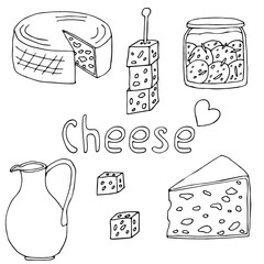 Set cheese with holes elements. Big round cheese, piece, cheese canape, round cheese in jar with oil and spices, clay jug with milk. Hand drawn clip arts in outlines doodle style. Isolated on white.