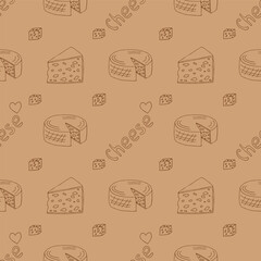 Seamless square pattern with cheese. Hand drawn texture in doodle style with cheese pieces and lettering on changeable brown background. Background for printing wrapping paper. Cozy pattern.