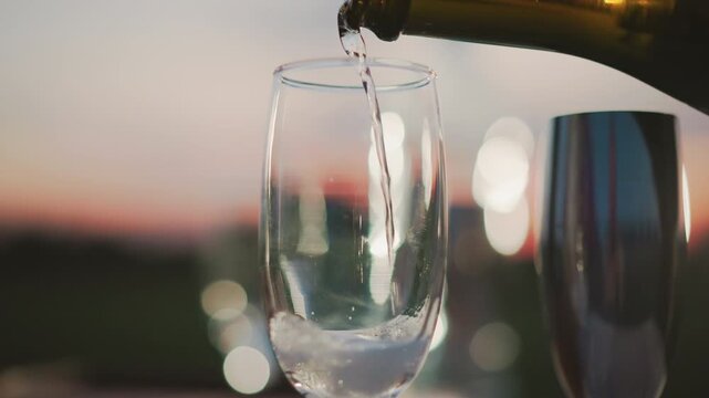 close up of wine being poured into glass under sunset sky with sparkling bokeh lights in background capturing elegant pour motion and shimmering reflections against warm amber horizon glow