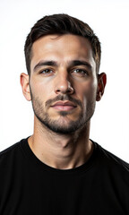 Obraz premium Serious Man Black T-shirt Portrait Isolated A medium close-up captures a man with short dark hair and slight stubble, wearing