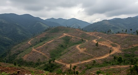 Fototapeta premium Winding dirt roads through a hilly mountain landscape.