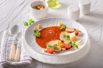 Exclusive tomato soup as high-quality food in sophisticated restaurant.