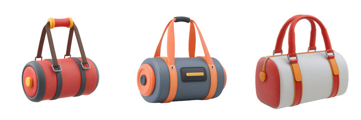 Naklejka premium A trio of stylish, colorful bags featuring round shapes and varied strap designs, showcasing modern design elements and vibrant color combinations.