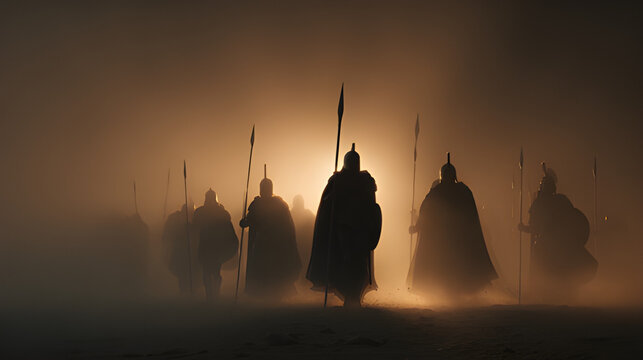 Silhouette of Medieval cavalry, army or soldier clash of clan marching through a hazy, dusty battlefield with dramatic sunrise, sunset background