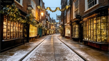 Cozy Winter Street with Festive Lights and Snow-Laden Cobblestones at Twilight